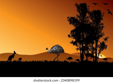 Familia de emus y dos canguros australianos en la parte de atrás de Australia con fondo de puesta de sol