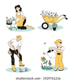 The family is engaged in gardening.Seth, different poses. Everyone is busy with their own business.