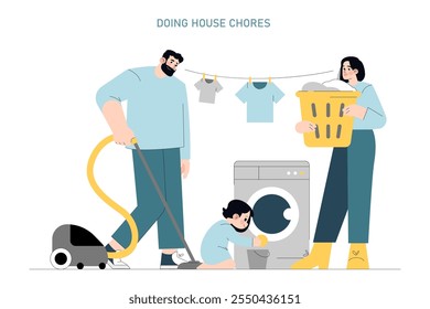 Family Engaged in Housework concept. Parents and child contribute to household chores, showing teamwork. Daily routine, cleanliness maintenance, and domestic life. Vector illustration.