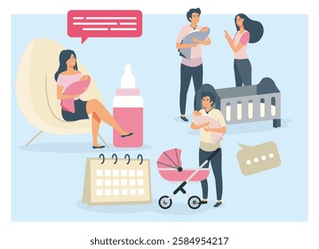 Family engaging in baby care activities, including nurturing, feeding, and parenting, surrounded by baby related items such as a crib, stroller, and a pacifier in a peaceful setting.