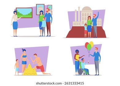 Família se engajando em várias atividades ao longo do dia, incluindo visitar galeria de arte, visitar monumento famoso, brincar na praia e comemorar com balões