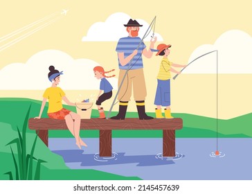 Family enjoy comfortable outdoor recreation and fishing on the river bank, flat vector illustrations. Active family lifestyle and summer weekend vacation.