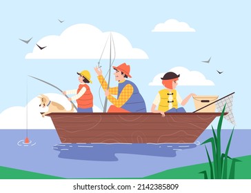 Family enjoy fishing and relaxing in nature together, flat cartoon vector illustration. Fisherman father teaches his children to fish. Family summer hobby.