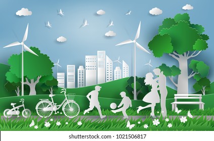 Family enjoy fresh air in the park, kids playing football, eco green city, save the planet and energy concept, flat-style vector illustration.