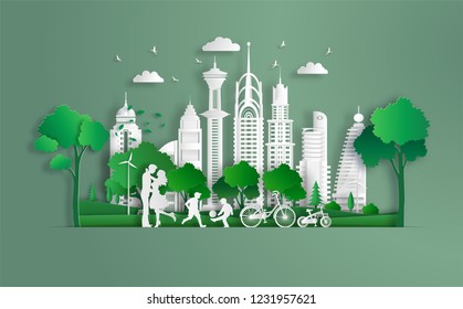 Family enjoy fresh air in the park, kids playing football, eco green city, save the planet and energy concept, flat-style vector illustration.