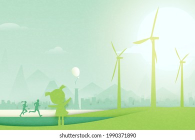 Family enjoy outdoor activities on green park.Green eco city on nature landscape background.Environment and Ecology concept.Vector illustration.