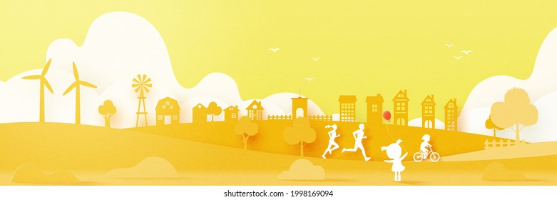 Family enjoy outdoor activities on the park.Urban countryside and city village landscape on summer background.Paper art Vector illustration.