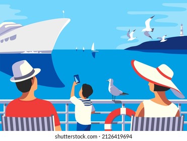 Family Enjoy Sea Trip Vacation Tourist Vector Poster. Blue Ocean Scenic View, Cruise Liner Vessel, Seaside Nature Landscape Background. Holiday Summer Season Sea Travel Leisure Relax Illustration