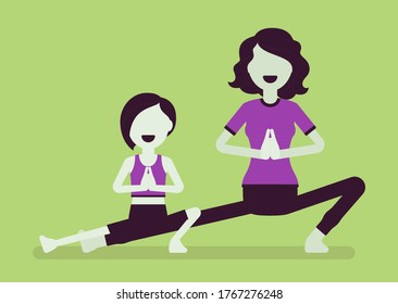 Family enjoy yoga, young happy yogi mother and daughter in sports wear practicing workout, doing fitness pose, stretch exercise for yogic practice together. Vector creative stylized illustration