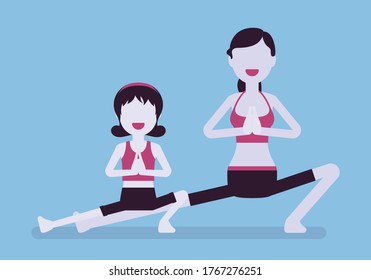 Family enjoy yoga, young happy yogi mother and daughter in sports wear practicing workout, doing fitness pose, stretch exercise for yogic practice together. Vector creative stylized illustration