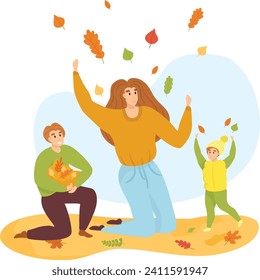 Family enjoying autumn, mother and kids playing with leaves. Joyful woman and children in fall season clothes. Autumn fun and family time vector illustration.