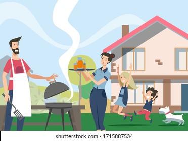 Family Enjoying Barbecue In Backyard. Couple Of Parent Cooking Bbq Food, While Kids And Dog Having Fun In Garden. Vector Illustration For Home, Bbq Party, Picnic In Yard Concept