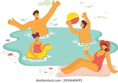 Family enjoying beach vacation, kids swimming, parents relaxing seaside. Young boy playing beach ball, girl floating duck inflatable ring, woman sipping cocktail wears red swimsuit, hat sunbathe