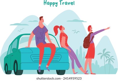 A family enjoying the beauty of nature on  journey. Vector art with layers.