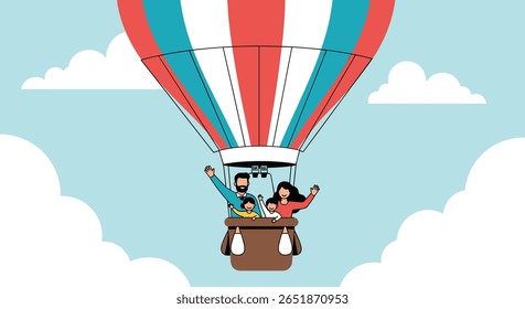 Family enjoying a breathtaking hot air balloon ride above fluffy white clouds
