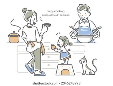 family enjoying cooking together, line illustration