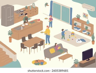 A family enjoying daily life in the living room