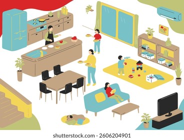 A family enjoying daily life in the living room