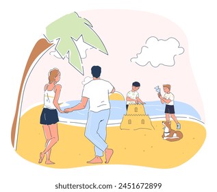 Family enjoying day at the beach, children building sandcastle, line art style illustration on pastel background, depicting summer leisure outdoors activities. Modern flat creative vector illustration