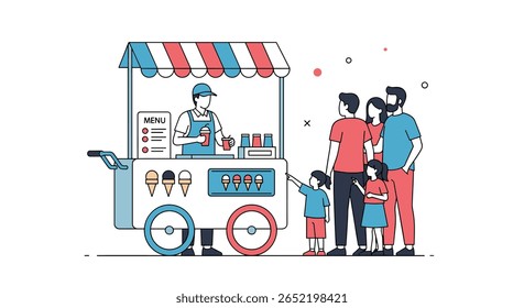 Family enjoying delicious treats from a cheerful ice cream cart on a sunny day
