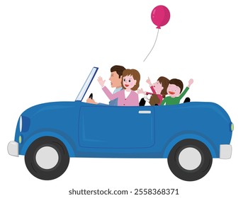 A family enjoying a drive in a sports car.