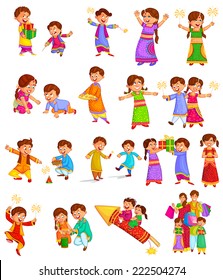 Family enjoying firecracker celebrating Diwali in vector