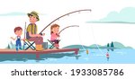 Family enjoying fishing. Fisherman father, daughter, son kids stand, sit on folding stool on river pier with fishing rods. Happy boy child holding fish on hook. Flat vector illustration 	