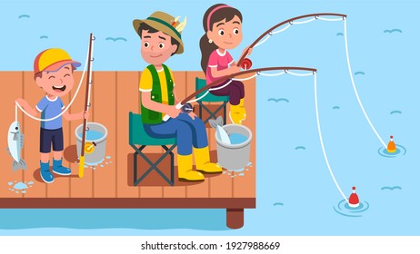 Family enjoying fishing. Fisherman father, daughter, son kids stand, sit on folding stool on river pier with fishing rods. Happy boy child holding fish on hook. Flat vector illustration 