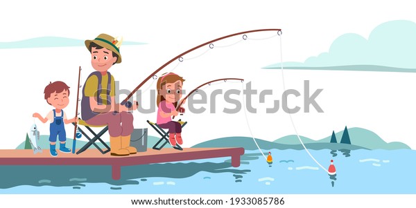 Family\
enjoying fishing. Fisherman father, daughter, son kids stand, sit\
on folding stool on river pier with fishing rods. Happy boy child\
holding fish on hook. Flat vector illustration\
	