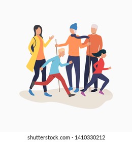 Family Enjoying Hiking. Running Children, People With Nordic Poles, Conversation. Leisure Concept. Vector Illustration Can Be Used For Topics Like Nordic Walking And Outdoor Activity