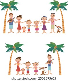 Family enjoying hula dancing under palm trees