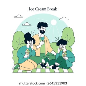 Family Enjoying Ice Cream Outdoors vector illustration. A dad and two kids savor ice cream cones on a sunny day in the park, sitting on a checkered blanket.