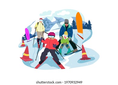 Family Enjoying Ice Sliding. Family sculpting snowman, parents and child set vector. People going downhill on rubber material, tubing of father, mother and children wintertime