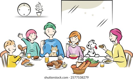 Family enjoying meal or dinner (Dad, Mom, Boy, Girl, Dog, Cat) | Family Series