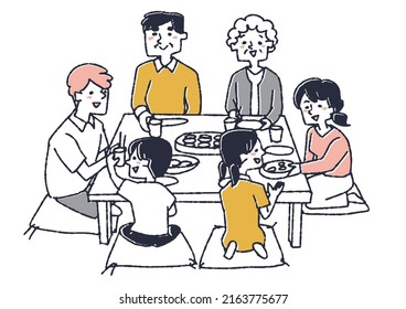 Family enjoying a meal with grandparents Comical handwritten person vector, warm line drawing