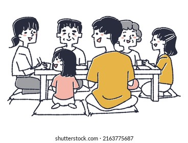 Family enjoying a meal with grandparents Comical handwritten person vector, warm line drawing