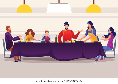 Family Enjoying A Meal At A Long Table.