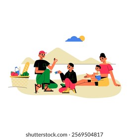 Family Enjoying Outdoor Picnic In Flat Vector Illustration Symbolizing Togetherness, Relaxation, And Outdoor Activities, Isolated On White Background.