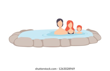 Family Enjoying Outdoor Thermal Spring, Mother, Father, And Child Relaxing In Hot Water In Bath Tub Vector Illustration On A White Background