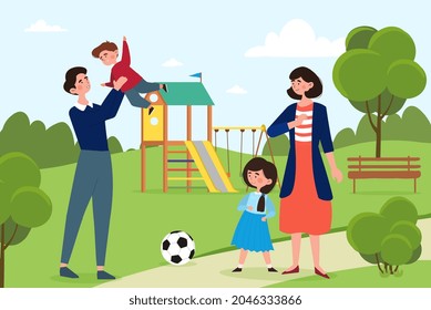 Family enjoying outdoors concept. Mom, dad, son and daughter walking in park. Parents play with their children in their free time. Cartoon flat vector illustration isolated on colorful background