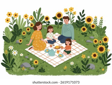 A family enjoying a picnic in the park during their summer holiday. Flat illustration style with a cheerful and colorful scene