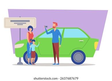 Family enjoying road trip, posing for selfie beside bright green car. Road sign in background