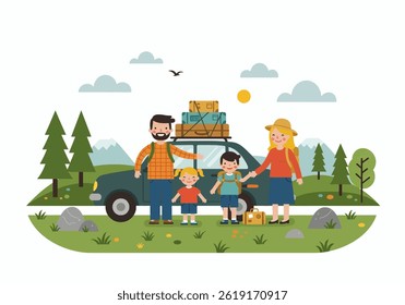 A family enjoying a road trip for their summer holiday vacation. Flat illustration style with a car packed with luggage, showcasing a travel theme