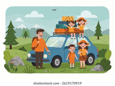 A family enjoying a road trip for their summer holiday vacation. Flat illustration style with a car packed with luggage, showcasing a travel theme