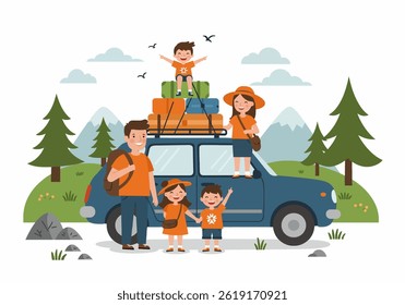 A family enjoying a road trip for their summer holiday vacation. Flat illustration style with a car packed with luggage, showcasing a travel theme
