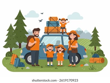 A family enjoying a road trip for their summer holiday vacation. Flat illustration style with a car packed with luggage, showcasing a travel theme