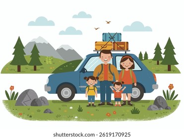 A family enjoying a road trip for their summer holiday vacation. Flat illustration style with a car packed with luggage, showcasing a travel theme