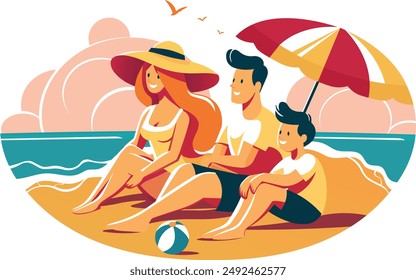  A family enjoying summer on a beach. Elliptical design