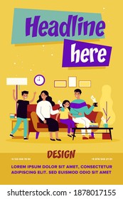 Family enjoying tea and dessert. Parents and kids drinking hot beverages and eating cake at home flat vector illustration. Tea party, hygge concept for banner, website design or landing web page