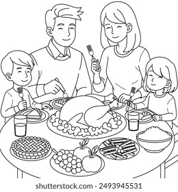 Family enjoying Thanksgiving dinner outline coloring page